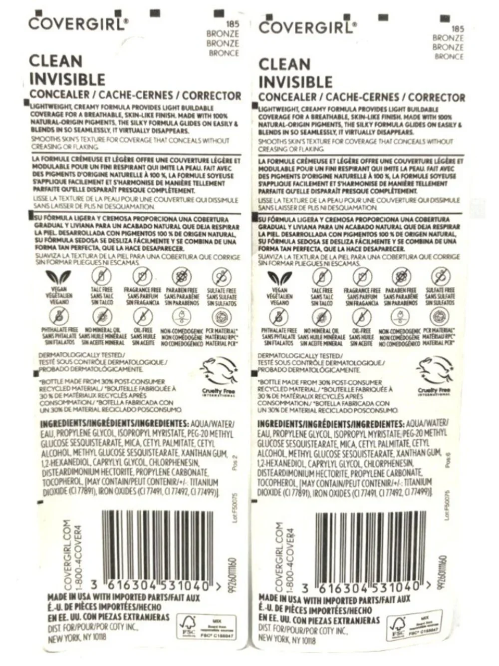 (2) Covergirl Clean Invisible Concealer 0.23 fl oz Each Sealed 185 - Bronze